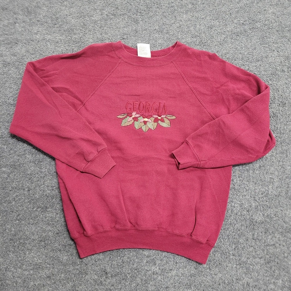 Hanes Her Way Sweatshirt Womens Large Maroon Georgia Floral Embroidered Crew